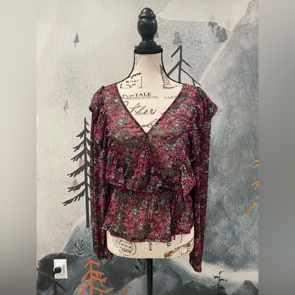 SO Burgundy Sheer Wrap Ruffle Blouse M